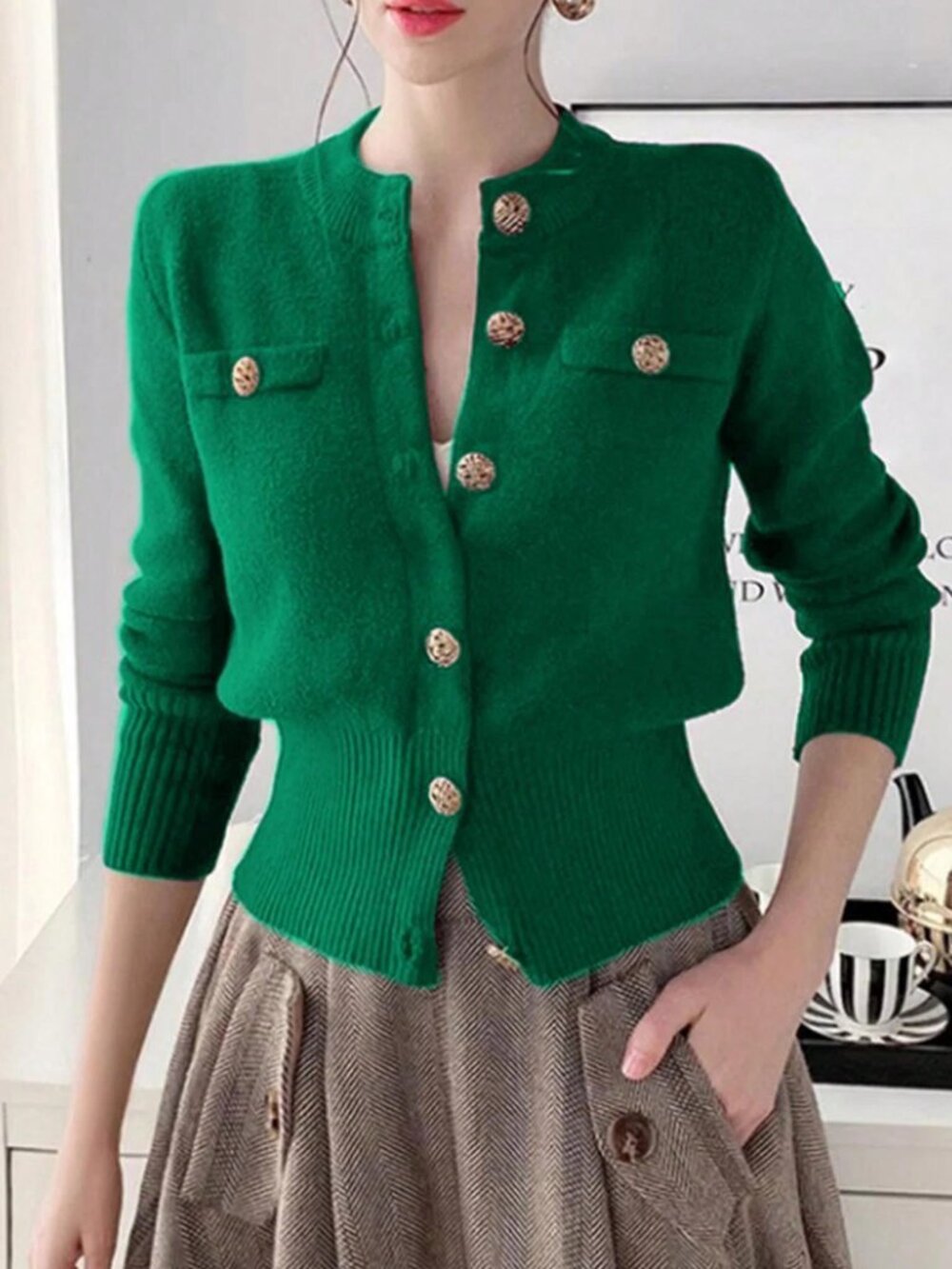 Green Casual Womens Long Sleeve Knitted Ribbed Button Front Faux Pocket Cardigan